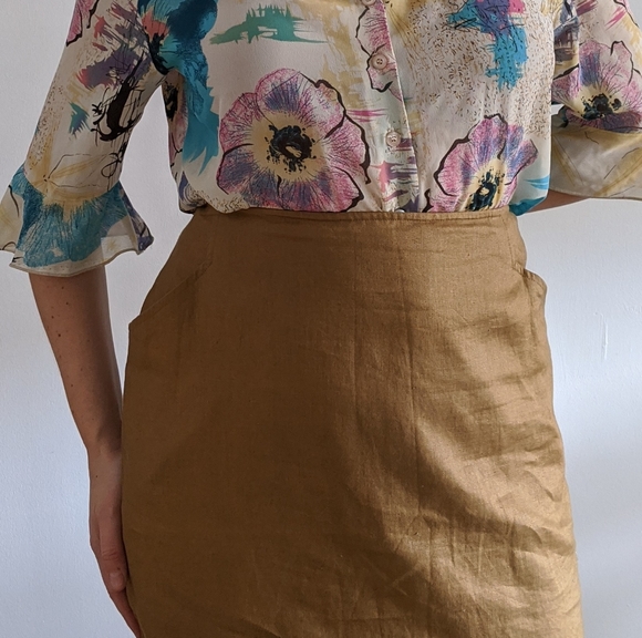 1990’s Minimalist Coffee Linen Skirt with Pockets - Picture 4 of 6